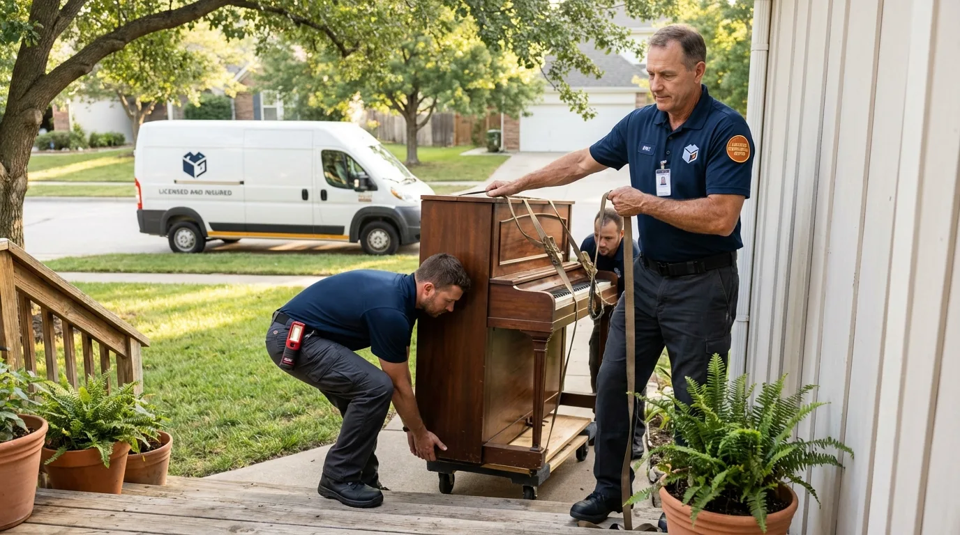 Licensed piano movers securing grand piano in Fort Edward, NY