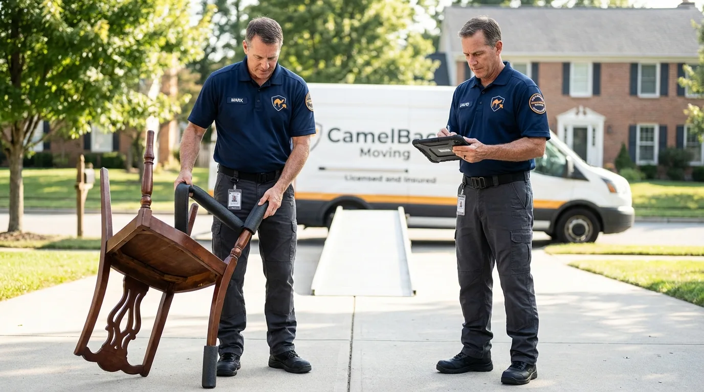 Movers inspecting furniture for damage prevention before loading in Fort Edward, NY