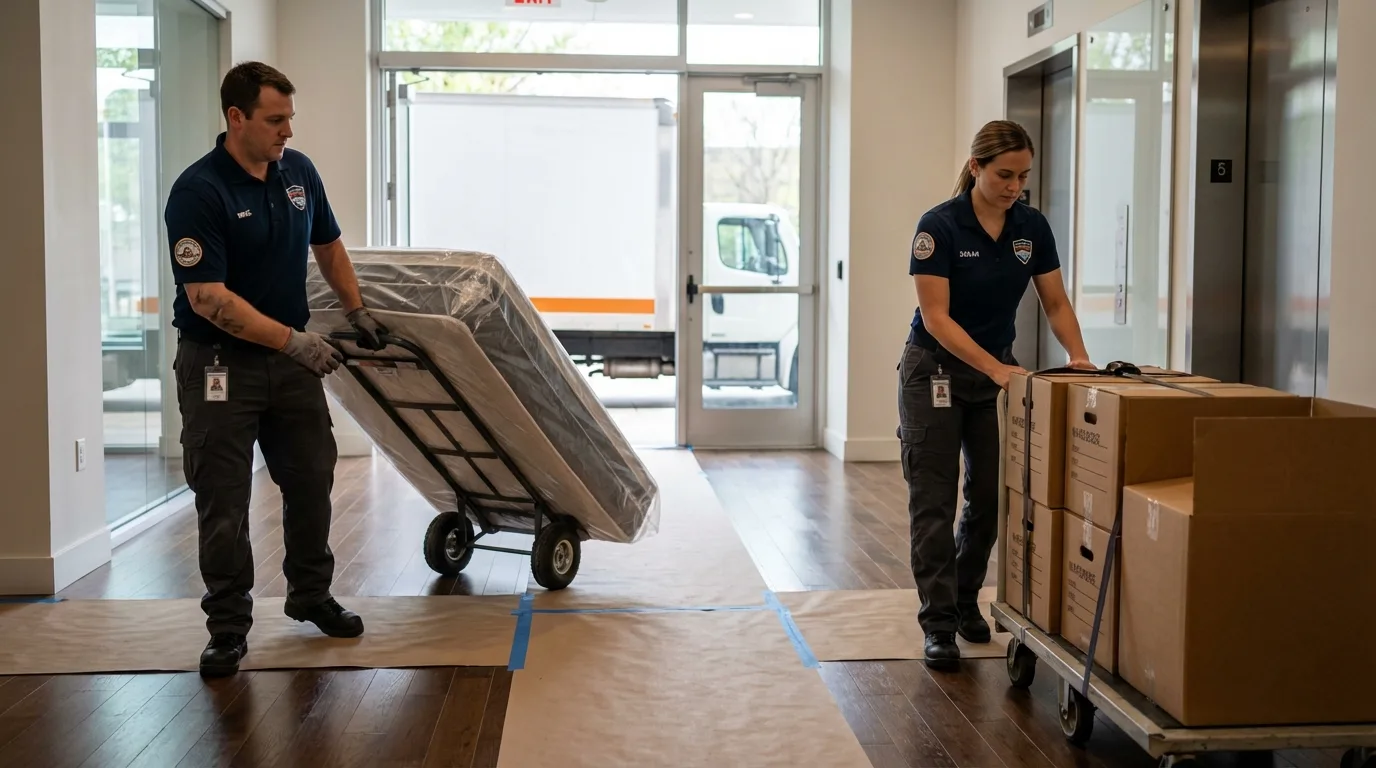 Professional apartment movers loading elevator in Fort Edward, NY