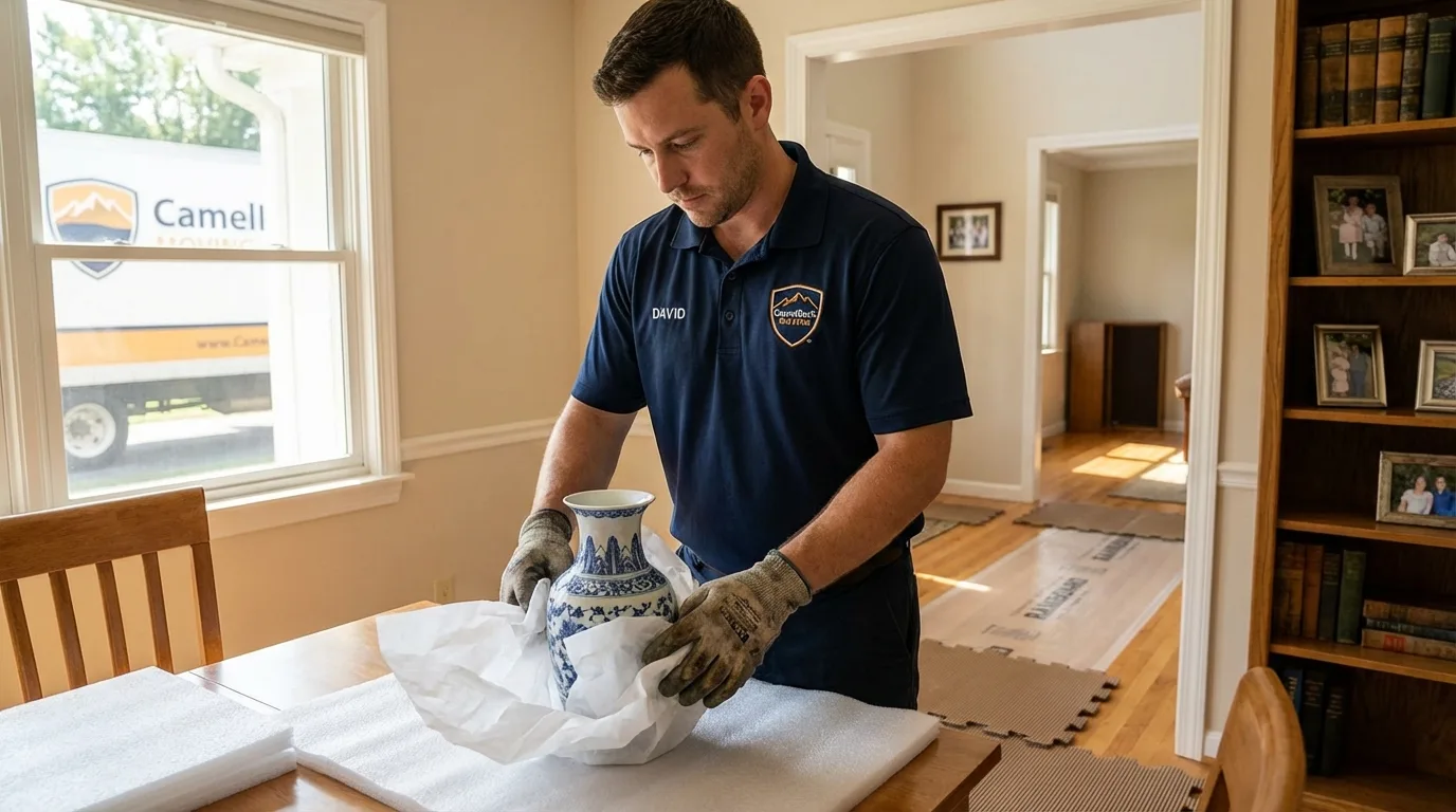 Professional crew carefully wrapping antique vase for senior downsizing move in Fort Edward, NY